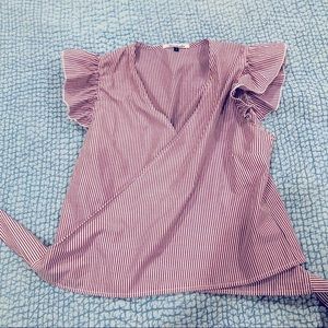 Pinstripe wrap top with ruffle sleeve
